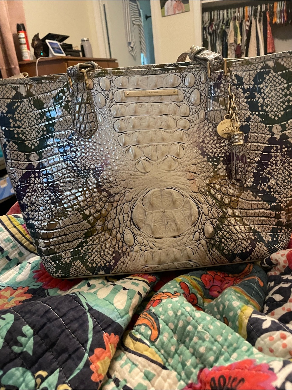 Brahmin Ivory Multi Croc-Embossed Patent Tote with Gold Hardware